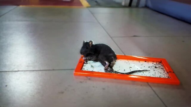 Black rat caught on sticky glue trap struggles on indoor floor illustrating pest control management domestic infestation eradication and hygiene sanitation disease hazard prevention strategy.