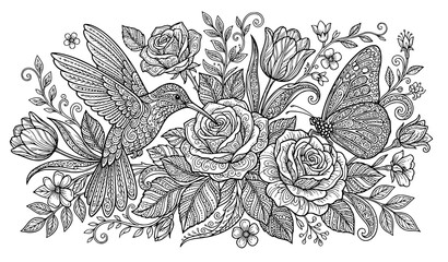 Fototapeta premium Detailed floral bouquet composition with flowers leaves and a hummingbird in decorative line art