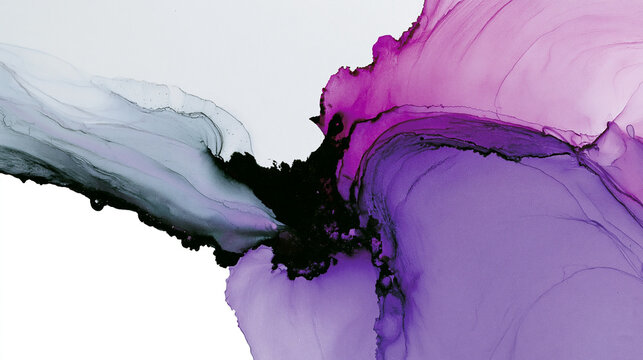 Abstract fluid art: colliding purple and grey ink