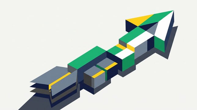 An isometric arrow composed of colorful geometric blocks in green, yellow, white, and dark blue, pointing upwards on a light background