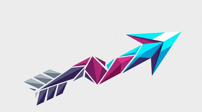 Geometric low poly arrow pointing upwards, featuring a vibrant color palette of blue, purple, and pink triangles on a light grey background