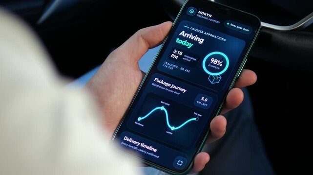 Customer monitors the final stage of a parcel delivery on a smartphone as real-time tracking reaches 100 percent, highlighting fast logistics, last-mile service and digital commerce.