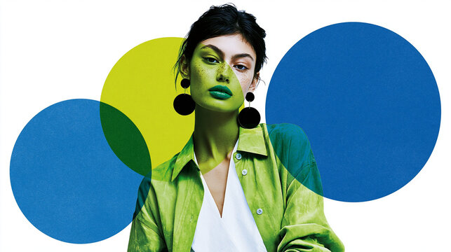 Stylish woman in green blazer with geometric circles