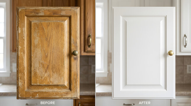 Kitchen cabinet painting before and after comparison | Refinishing old wood cabinets to white | DIY kitchen makeover on a budget | Furniture restoration and professional cabinet spray painting