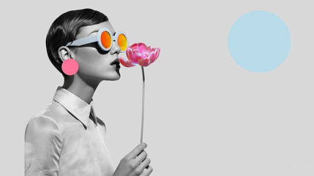 Woman with colorful sunglasses holding a bright flower