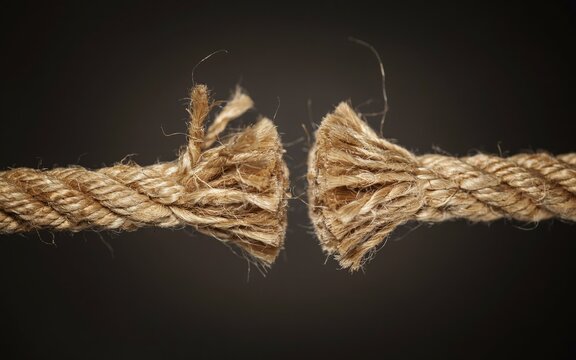 Close-up of a thick brown jute rope snapped and frayed in the middle