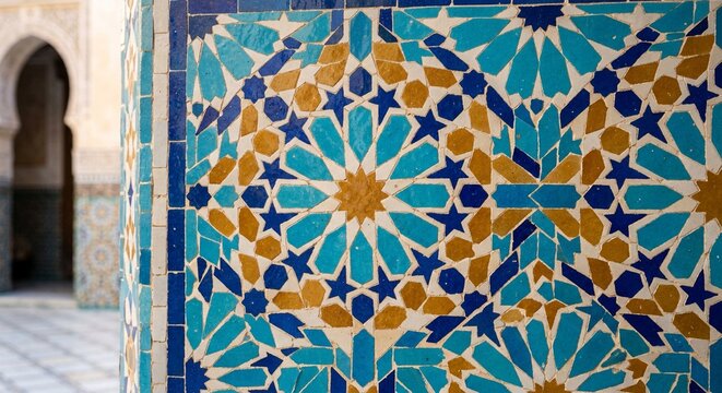 Luxurious moroccan zellige geometric tile wall with intricate star patterns in turquoise blue and gold, elegant arabesque detail