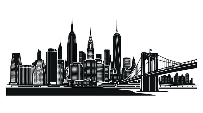 Vector illustration of detailed silhouette of the new york city skyline with brooklyn bridge on a transparent background