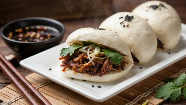 Steamed bao buns filled with pulled pork, cilantro, and scallions