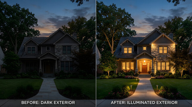 exterior home lighting before and after | luxury suburban house curb appeal | professional landscape lighting design | architectural night lighting for stone facade