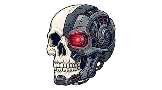 Scary cyborg skull with mechanical metal parts and glowing red eye optic sensor illustration transparent background