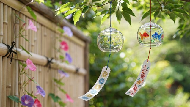 Two japanese glass wind chimes hanging from a tree branch by a bamboo fence