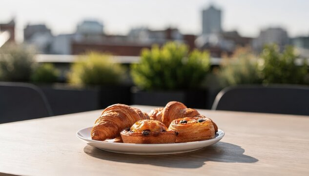 Medium shot capturing a brunch setup on a rooftop terrace with fresh pastries on a plate softly blurred planters and urban buildings in the background.