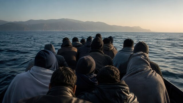 Blick aus dem Boot auf eine Gruppe von Migranten w&auml;hrend der &Uuml;berfahrt &uuml;ber das Meer, mit K&uuml;ste im Hintergrund. Dokumentarische Szene zu Flucht, Risiko und Ankunft in Europa.