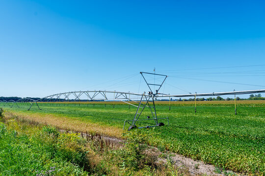 Center pivot irrigation system in a green agricultural field under a clear blue sky