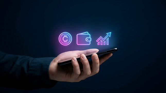 Hand holding smartphone with digital cryptocurrency wallet and financial growth icons