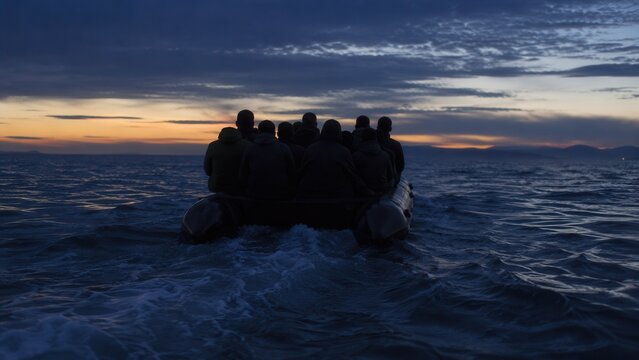 Schlauchboot in der Abendd&auml;mmerung auf offenem Meer &ndash; Silhouetten dicht sitzender Migranten w&auml;hrend der &Uuml;berfahrt. Stimmungsvolle Reportageszene zu Flucht und Unsicherheit.