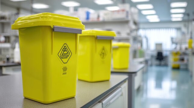Medium shot highlighting a sharps disposal station with bright yellow punctureproof containers foreground sharp and background softly out of focus in a clean lab environment
