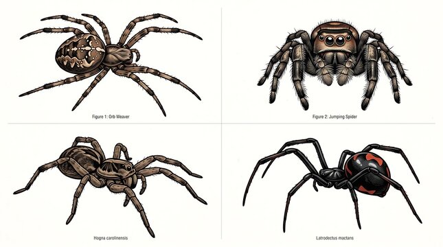 Realistic spider illustration set, orb weaver and jumping spider collection, black widow and wolf spider biological diagrams