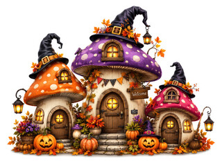 Obraz premium Whimsical Halloween Mushroom Houses with Pumpkins and Witch Hats
