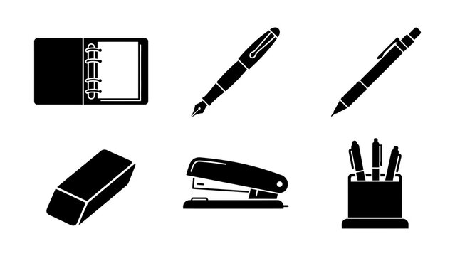 Set of six black stationery office icons
