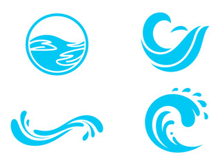 Fototapeta premium Set of Water Wave Iconography: A collection of stylized blue icons representing water waves and splashes, perfect for design elements, symbols, or branding related to aquatic themes.