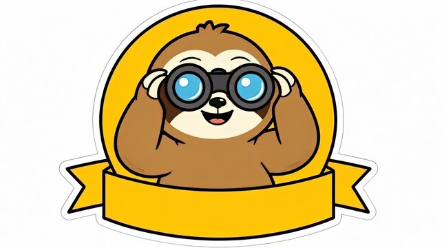 Cute cartoon sloth holding binoculars and looking through them with a cheerful expression, set within a yellow circle and ribbon.