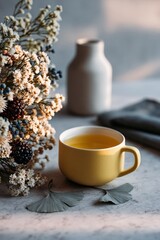 Fototapeta premium Yellow handled mug with tea and dried wildflowers for cozy morning still life background and banner with soft natural light