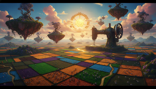 Surreal Sewing Machine With Floating Islands and Patchwork Fields for