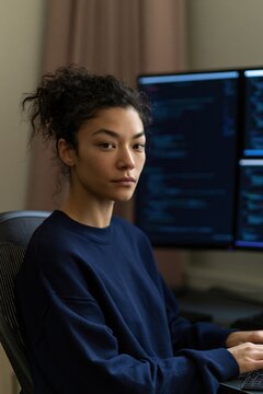 Young female coder portrait at dual monitors showing code for software company website background and professional profile use