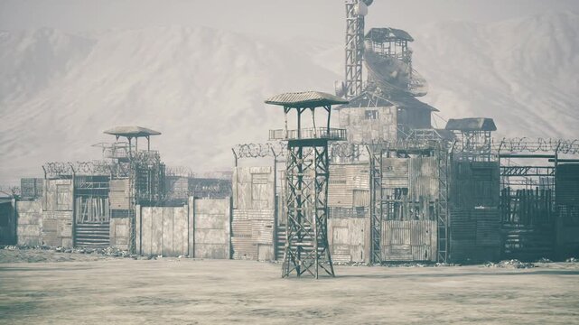 Desert fortress with central watchtower and rusted metal walls, abandoned checkpoint vibe with barbed wire, distant mountain backdrop, muted color grading,