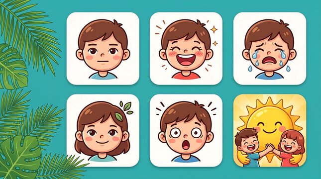 Cartoon boy emotion icons set, cute child facial expressions collection, 6 educational character avatars for kids apps