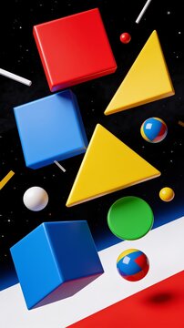 Abstract 3D Geometric Floating Shapes with Vibrant Primary Colors
