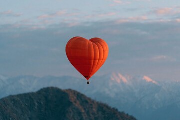Fototapeta premium Single red heart shaped hot air balloon drifting over rugged mountain peaks at sunrise for travel background and poster design