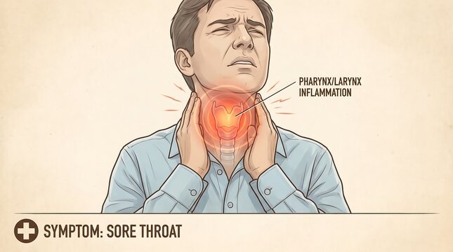 Medical illustration of pharynx larynx inflammation, man experiencing sore throat symptom, anatomical diagram of throat pain