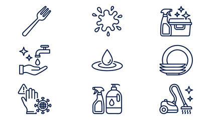 Fototapeta premium Hygiene, Housekeeping, and Dish Washing Line Icon Set with Vacuum Cleaner, Spray Bottle, Hand Washing, and Sanitizing Symbols for Website and App Layouts
