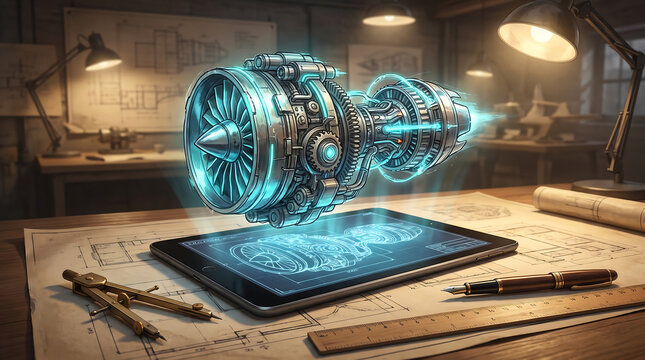 Detailed jet engine illustration floating above a digital tablet with blueprints and drafting tools in a workshop setting