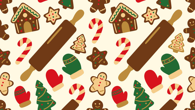 Seamless Christmas Baking Pattern with Gingerbread Cookies and Festive Items