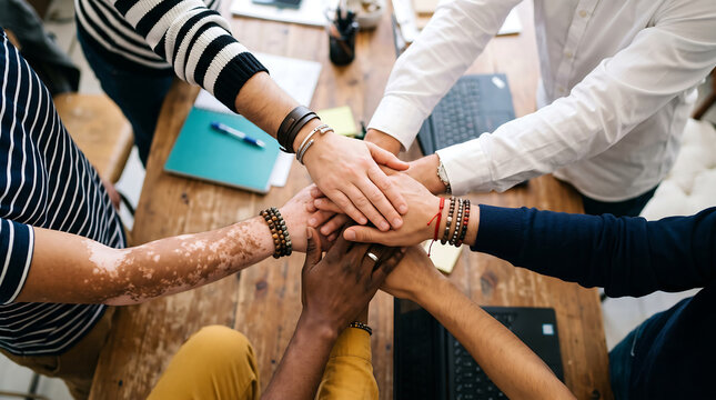 Diverse group of people joining hands in a team celebration showing unity and collaboration in a modern office setting