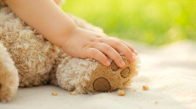 Child hand gently resting on teddy bear foot, soft outdoor light, grass background, calm mood, childhood, comfort, playtime, toy industry, family, parenting, emotional support.