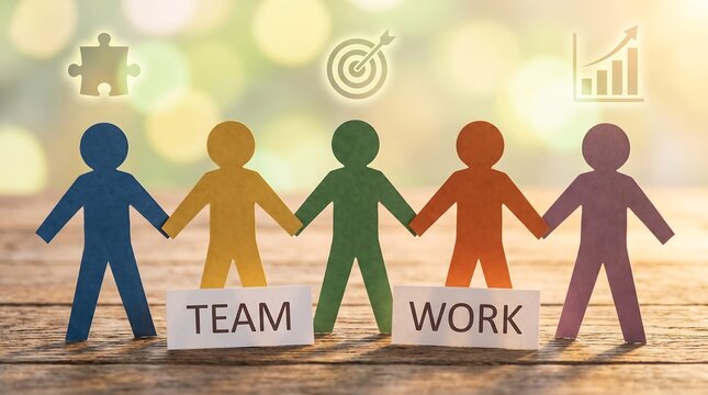 Colorful paper cutout people holding hands representing teamwork and business collaboration