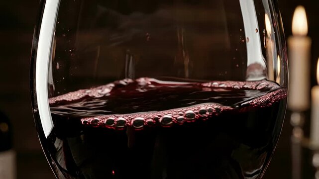 Macro video of rich red wine swirling inside a crystal glass with gentle surface ripples against a warm candlelight background in a fine dining restaurant