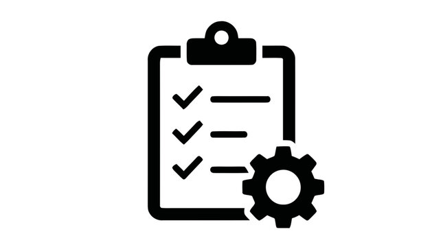 Vector illustration of clipboard with checklist and gear icon on a transparent background