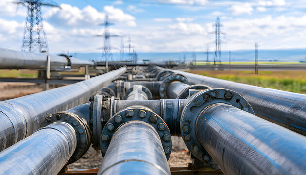Industrial pipeline system for oil and gas transportation across a rural landscape with power lines and fields, the network of metal pipes features flanges and connections