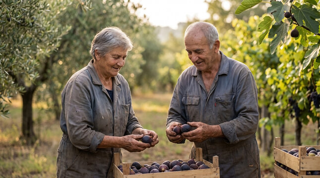 Senior couple harvesting fresh figs in a sunny orchard. Happy elderly man and woman picking ripe fruit into a wooden crate