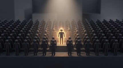 Obraz premium Glowing unique individual standing out from a large crowd of dark silhouettes in auditorium