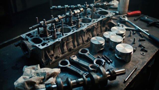 Disassembled internal combustion engine parts including cylinder head pistons and connecting rods laid out on a workshop workbench
