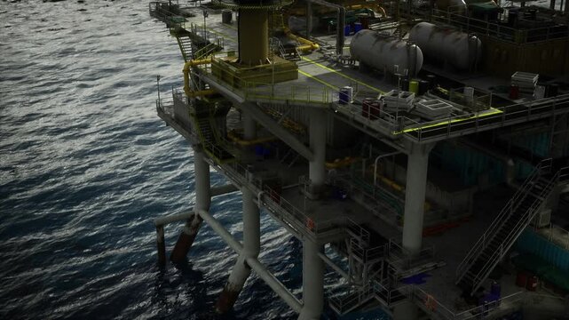 Supply transfer on oil rig deck with crane and cargo basket, palletized equipment, secured slings, calm sea backdrop and operational details
