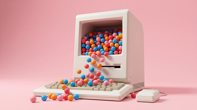 Vintage computer overflowing with colorful gumballs and spilling onto a keyboard playful digital art concept