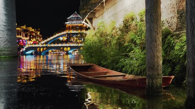 Night walking along illuminated canal, rusty skiff moored under bridge with neon city lights reflecting on water, glowing promenade and distant architectural silhouettes create vibrant yet moody urban